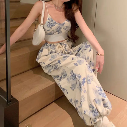 Blue Floral Two-Piece Set – V-Neck Camisole &amp; Drawstring Pants