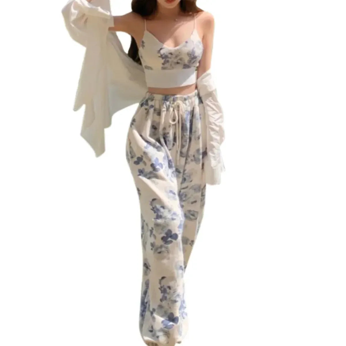 Blue Floral Two-Piece Set – V-Neck Camisole &amp; Drawstring Pants