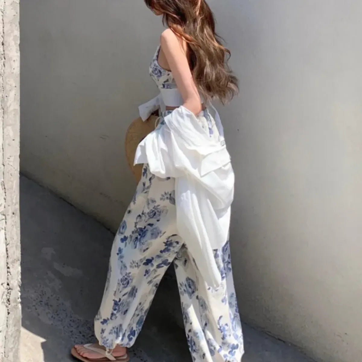 Blue Floral Two-Piece Set – V-Neck Camisole &amp; Drawstring Pants