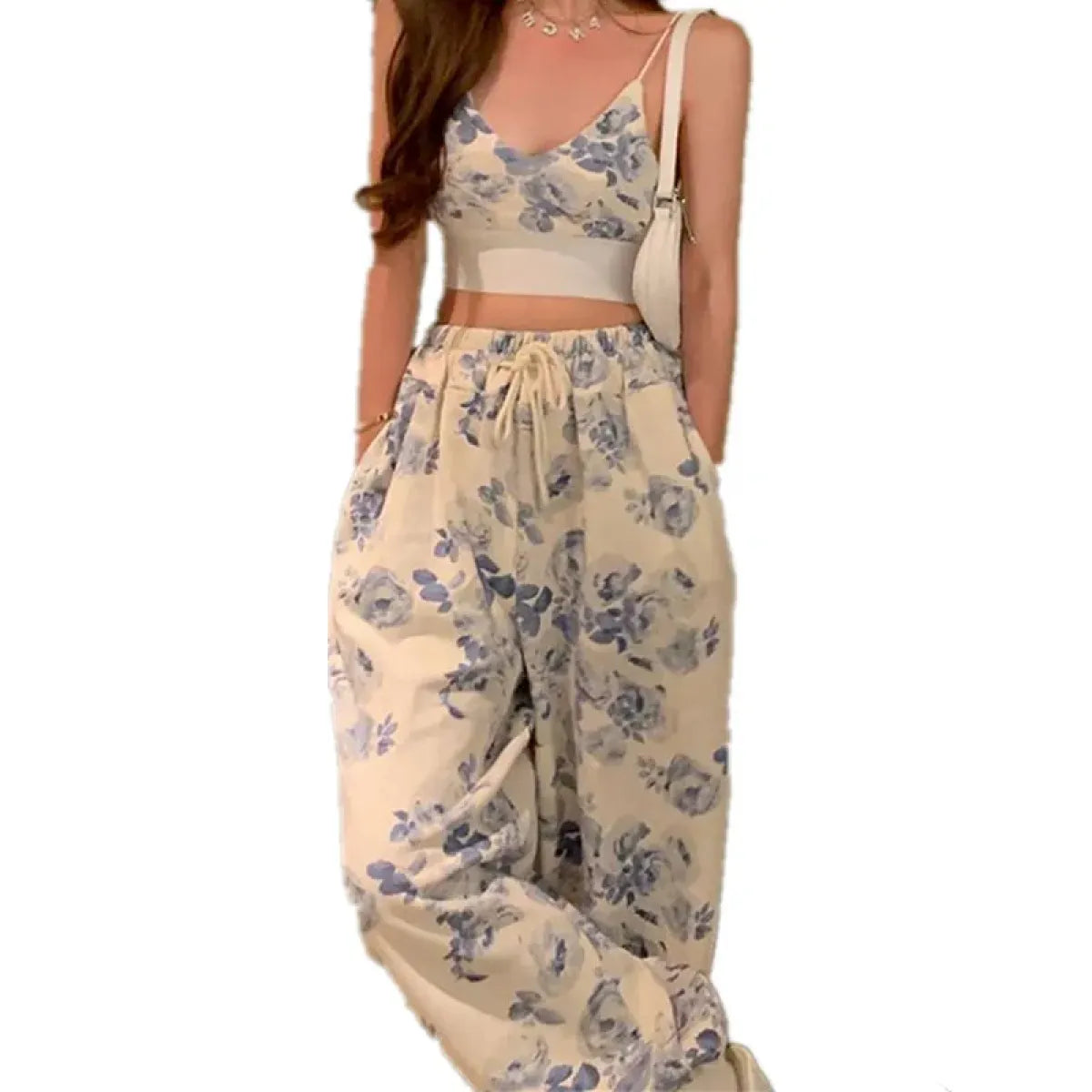 Blue Floral Two-Piece Set – V-Neck Camisole &amp; Drawstring Pants