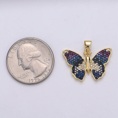 Blue Gradation Butterfly Micro Pave 24K Gold Filled Pendant, Cubic Zirconia Butterfly Pendant Charm Connector, For DIY Jewelry J-128