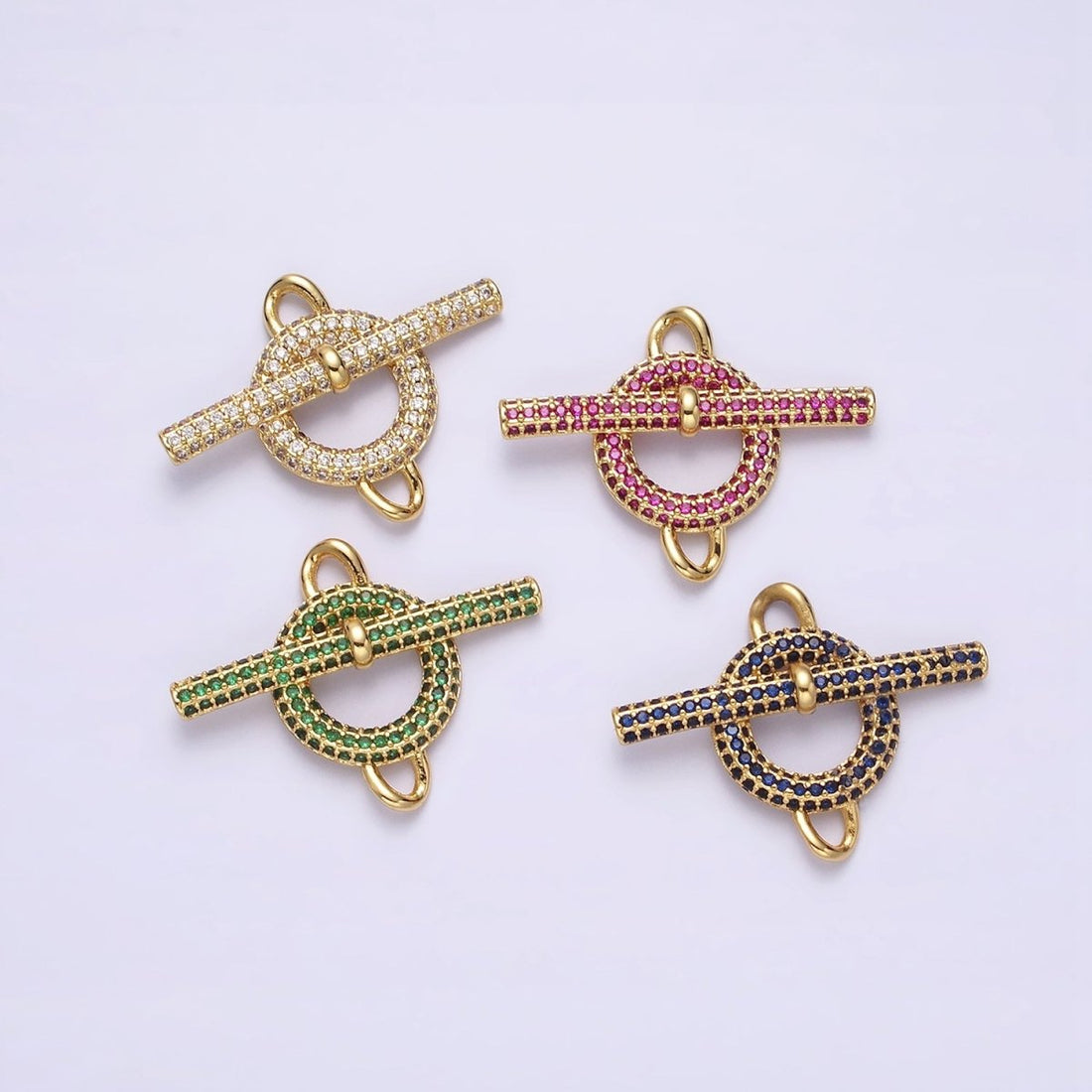 Blue Pink Green Clear Micro Paved 14K Gold Filled Toggle Clasps For Necklace Bracelet Findings | Y-734 ~ Y-737