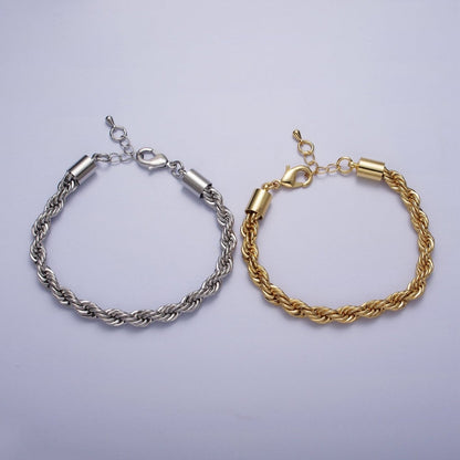 Bold Gold Twisted Rope Chain Bracelet Silver Chunky Rope Chain bracelet 6mm thickness | WA-1542 WA-1543 Clearance Pricing