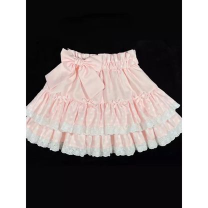 Sweet Bow Lace Ruffles Pleated Skirt - Kawaii Cake Skirt