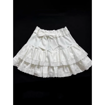 Sweet Bow Lace Ruffles Pleated Skirt - Kawaii Cake Skirt