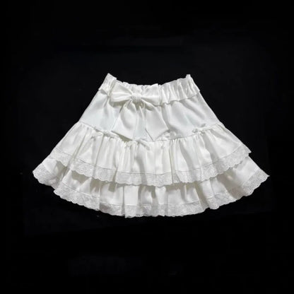 Sweet Bow Lace Ruffles Pleated Skirt - Kawaii Cake Skirt