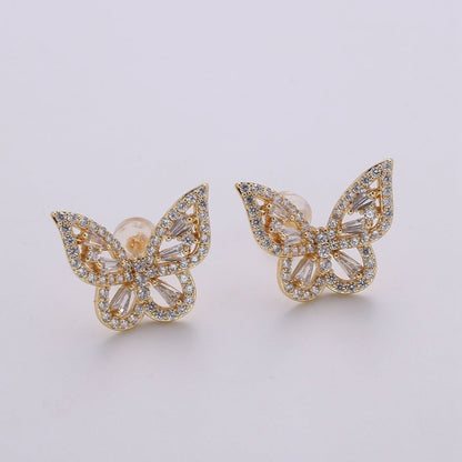Butterfly Stud, Pavé cz diamonds, cubic zirconia gold Stud earrings, gold Insect Earring, Micro Pave stones, Valentine gift Q-347