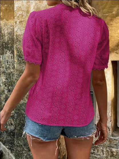 Full Size Eyelet V-Neck Short Sleeve Blouse Plus Size