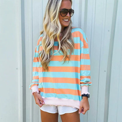 Pullover Crewneck Relaxed-fit Minimalist Striped Colorblock Sweatshirt
