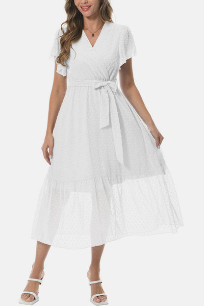 Surplice Neck Flutter Sleeve Tied Dress for Chic Style