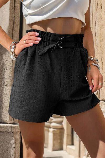 Perfee Pocketed Double Buckle High Waist Shorts for Women