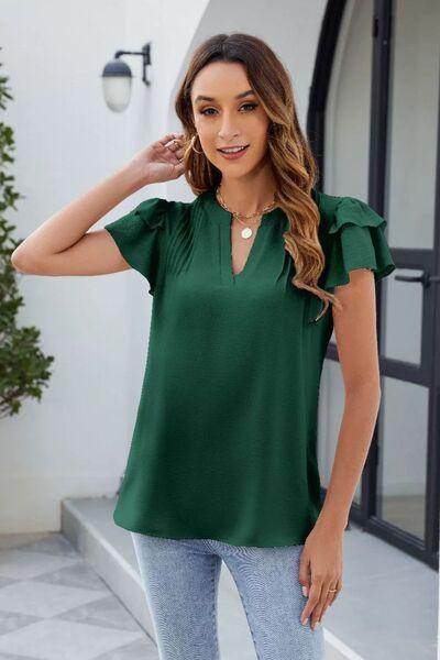 Ruffled Notched Short Sleeve Blouse for Women Stylish Wear