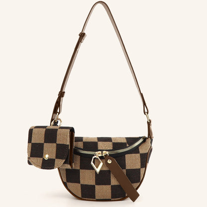 Small Crossbody Bag – Versatile Commute with Checkerboard Canvas, Compact Earphone Bag, Stylish 2-in-1 Chest Bag &amp; Fanny Pack for Everyday Use