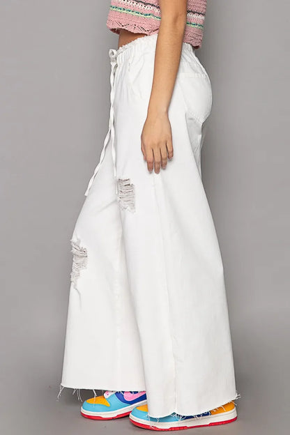POL Distressed Drawstring Slit Wide leg Pants