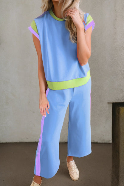 Polyester Two-Piece Set with Contrast Top &amp; Pants