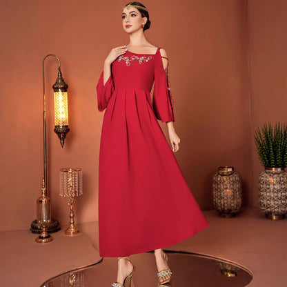 Red Designer Model Heavy Industry Hand Sewing Drill Off-the-shoulder Dress