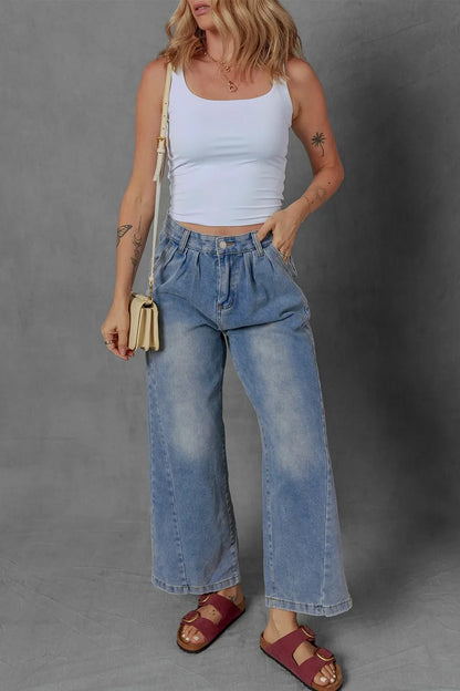 High-Waist Wide Leg Pleated Denim Jeans