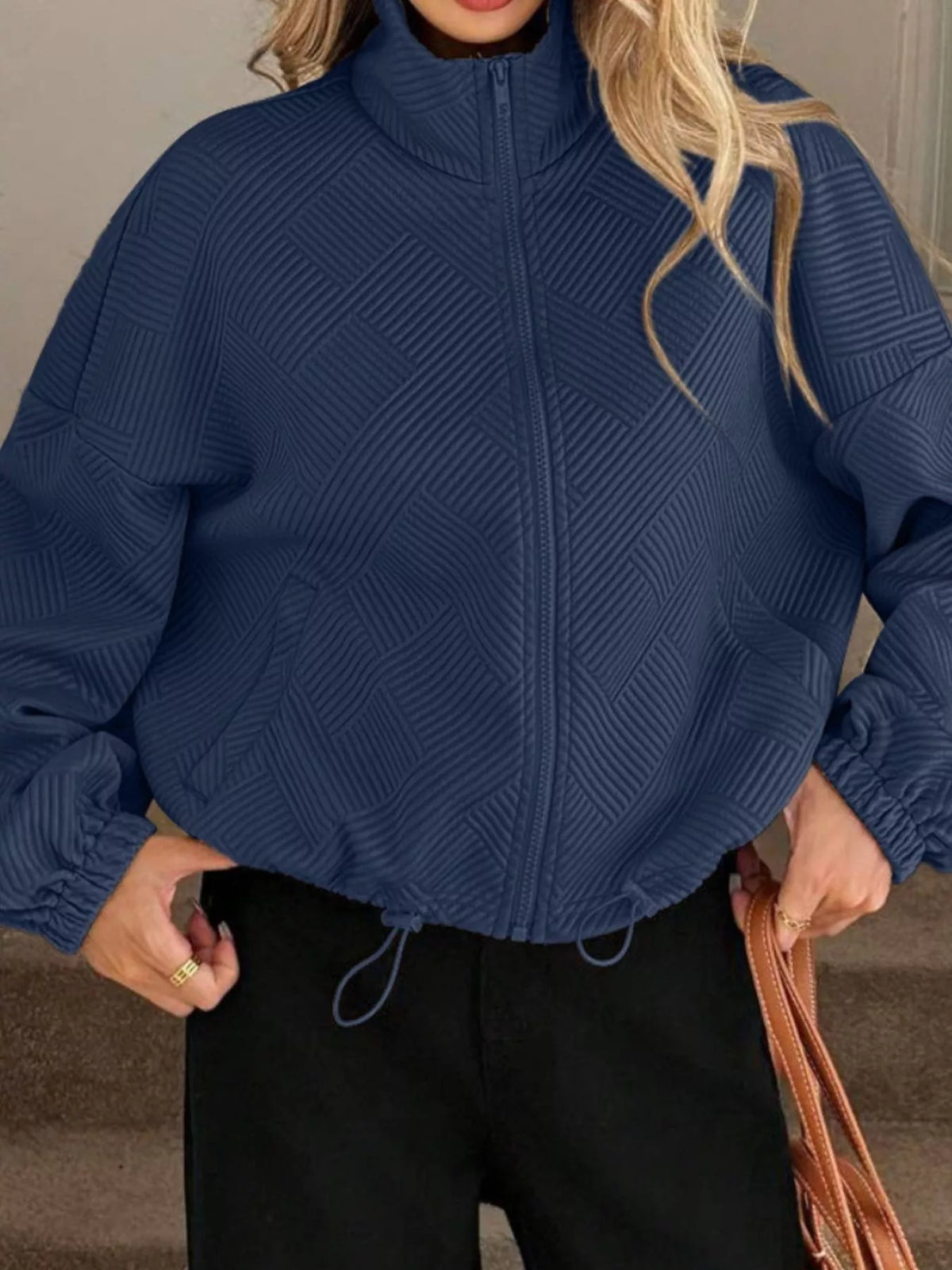 Textured Zip-Up Drawstring Hem Jacket