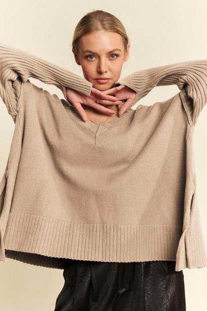 Davi &amp; Dani Ribbed Side Slit V-Neck Sweater for Women
