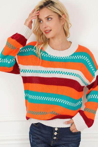Contrast Striped Round Neck Long Sleeve Sweater for Women