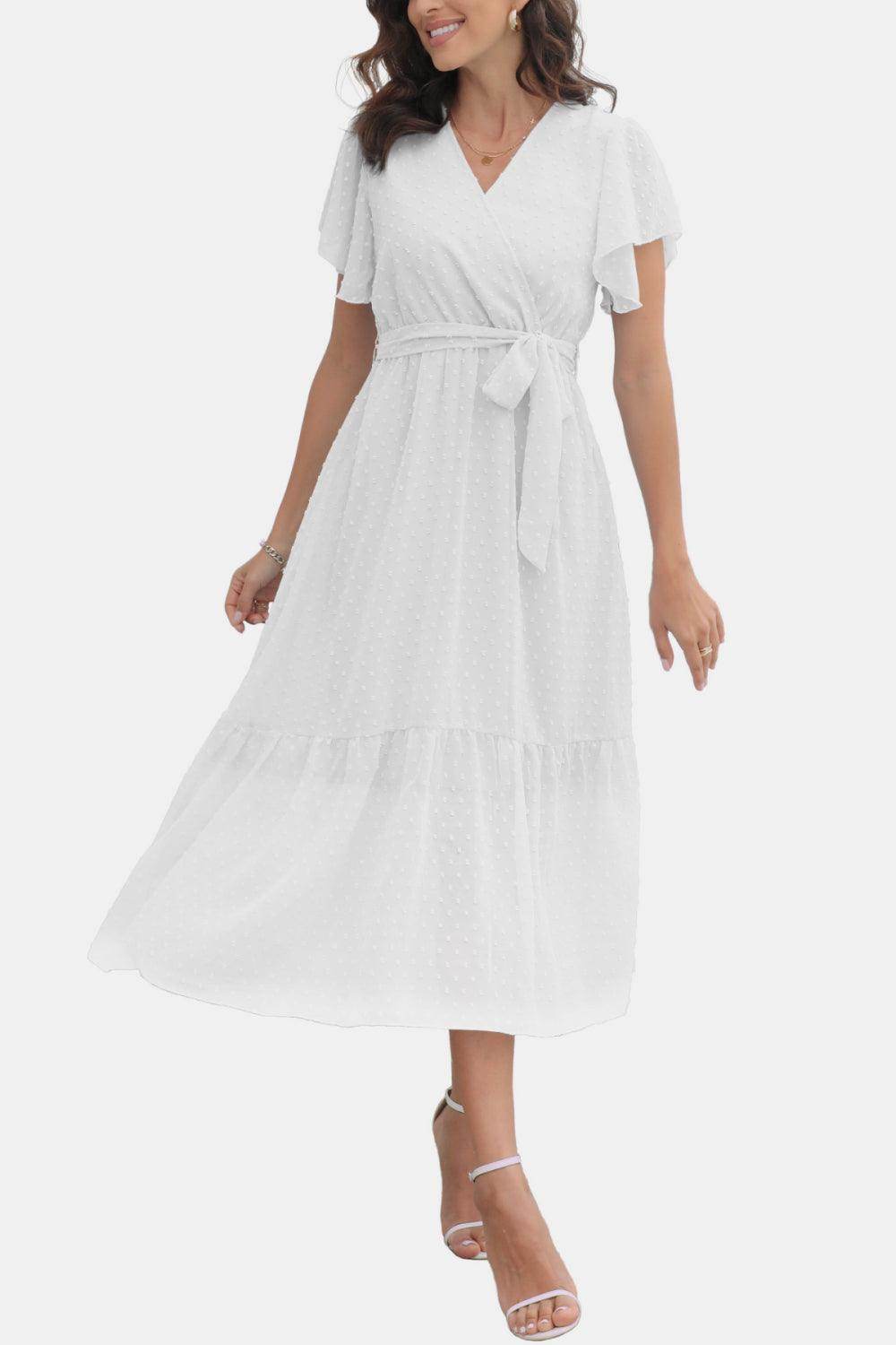 Surplice Neck Flutter Sleeve Tied Dress for Chic Style