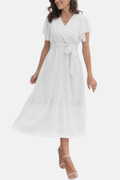 Surplice Neck Flutter Sleeve Tied Dress for Chic Style