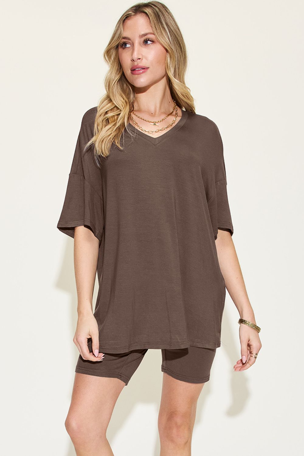 Relaxed Fit Rayon V-Neck Tee &amp; Shorts Set