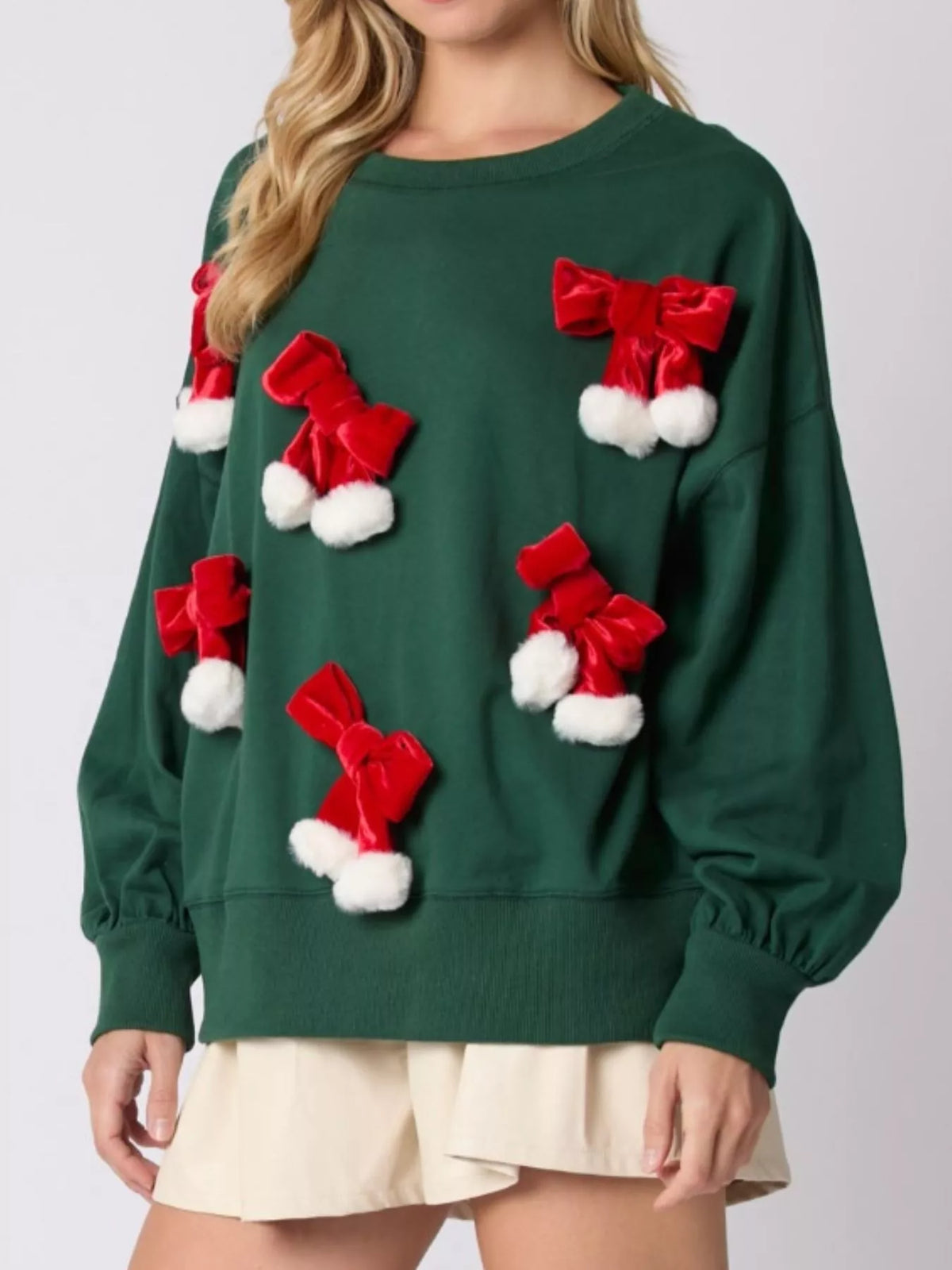 Christmas Long Sleeve Sweatshirt with Pom-Pom Bow Decoration
