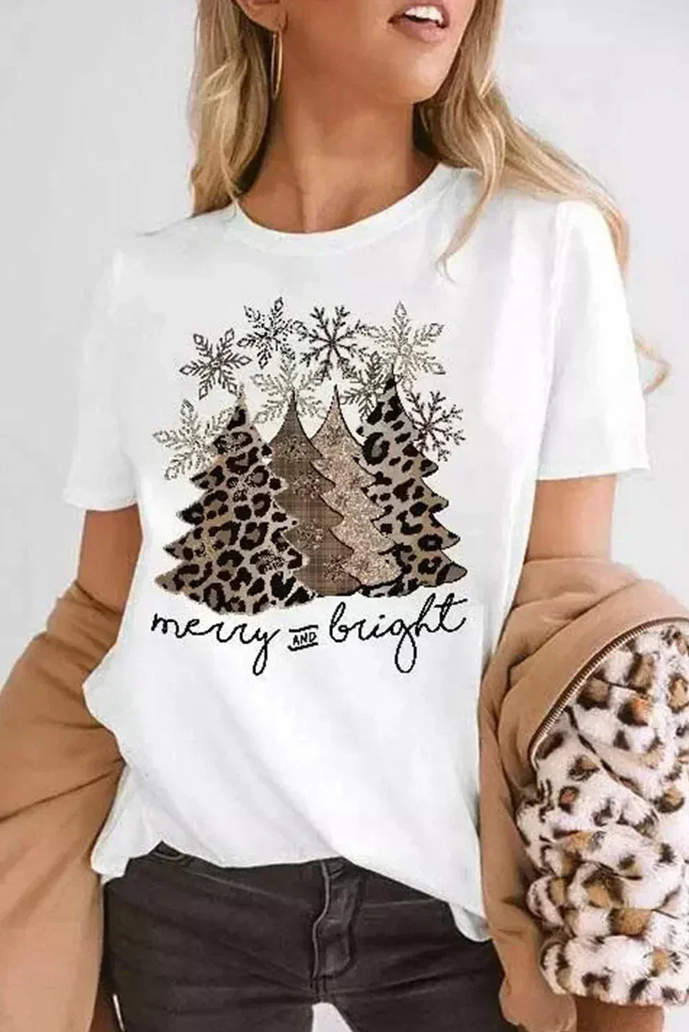 White Leopard Christmas Tree Graphic Tee – Festive &amp; Fierce Crewneck