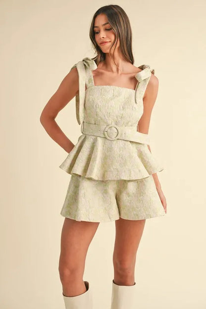 MABLE Jacquard Floral Peplum Top and Flare Shorts Set