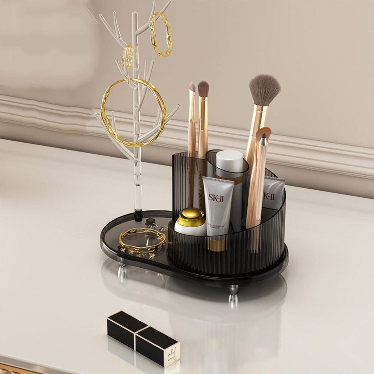 Rotating Makeup Organizer With Jewelry Storage  Large Capacity Cosmetic Display Case Holds 20 Brushes, 10 Lipsticks, 8 Skincare Products 360 Spinning Vanity Organizer For Countertop &amp; Bathroom