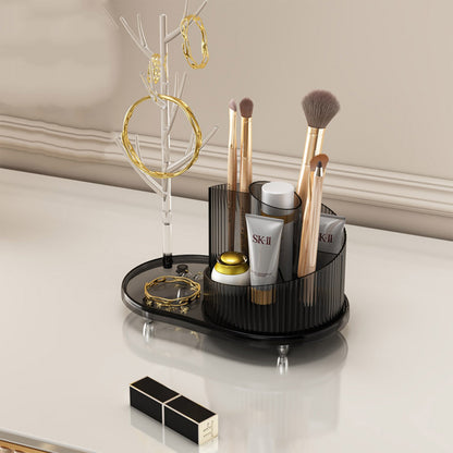 Rotating Makeup Organizer With Jewelry Storage  Large Capacity Cosmetic Display Case Holds 20 Brushes, 10 Lipsticks, 8 Skincare Products 360 Spinning Vanity Organizer For Countertop &amp; Bathroom