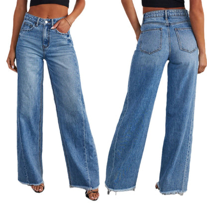 Europe And The United States Cross-border New Amazon Loose Wide Leg Side Stitching Framed Hem Jeans Women&