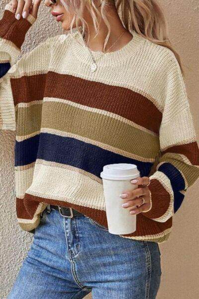 Contrast Striped Round Neck Long Sleeve Sweater for Women
