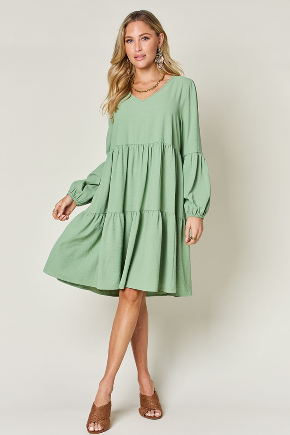 V-Neck Balloon Sleeve Tiered Boho Midi Dress