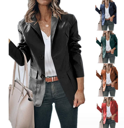 Lapel Single Breasted Solid Color PU Leather Women&