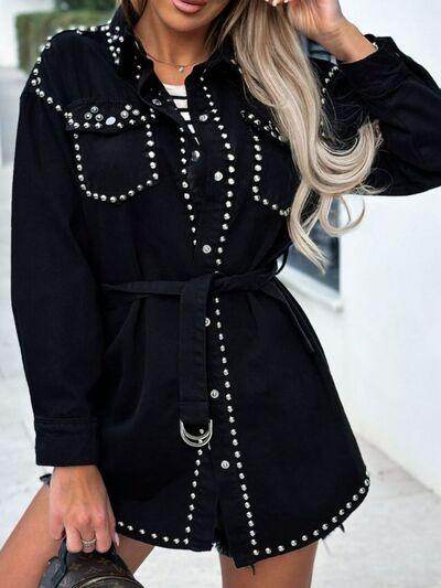 Studded Snap Down Long Sleeve Denim Shacket for Women