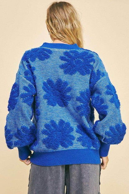 Davi &amp; Dani Flower Texture Round Neck Dropped Shoulder Sweater