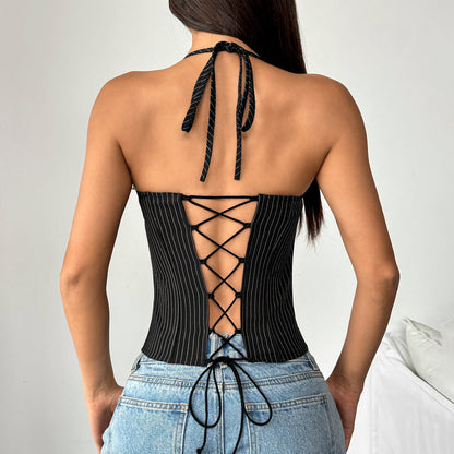 Womens Striped Patchwork Contrast Color BustierTube Top