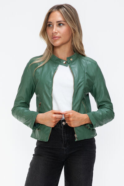 Women Classic Snobbish Faux Leather Zip-Up Drawstring Hooded Jacket Edgy &amp; Casual PU Leather Jacket For Streetwear
