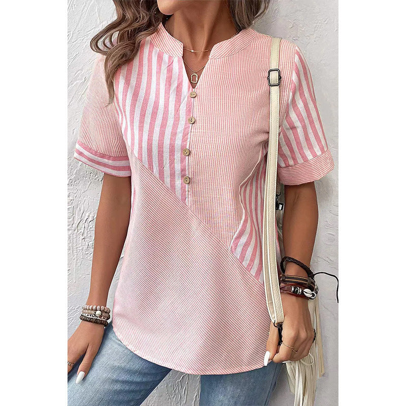 Womens Plus-Size Asymmetrical Striped Patchwork Cotton-Linen Top