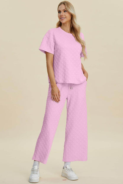 Double Take Full Size Texture Round Neck Top and Pants Set