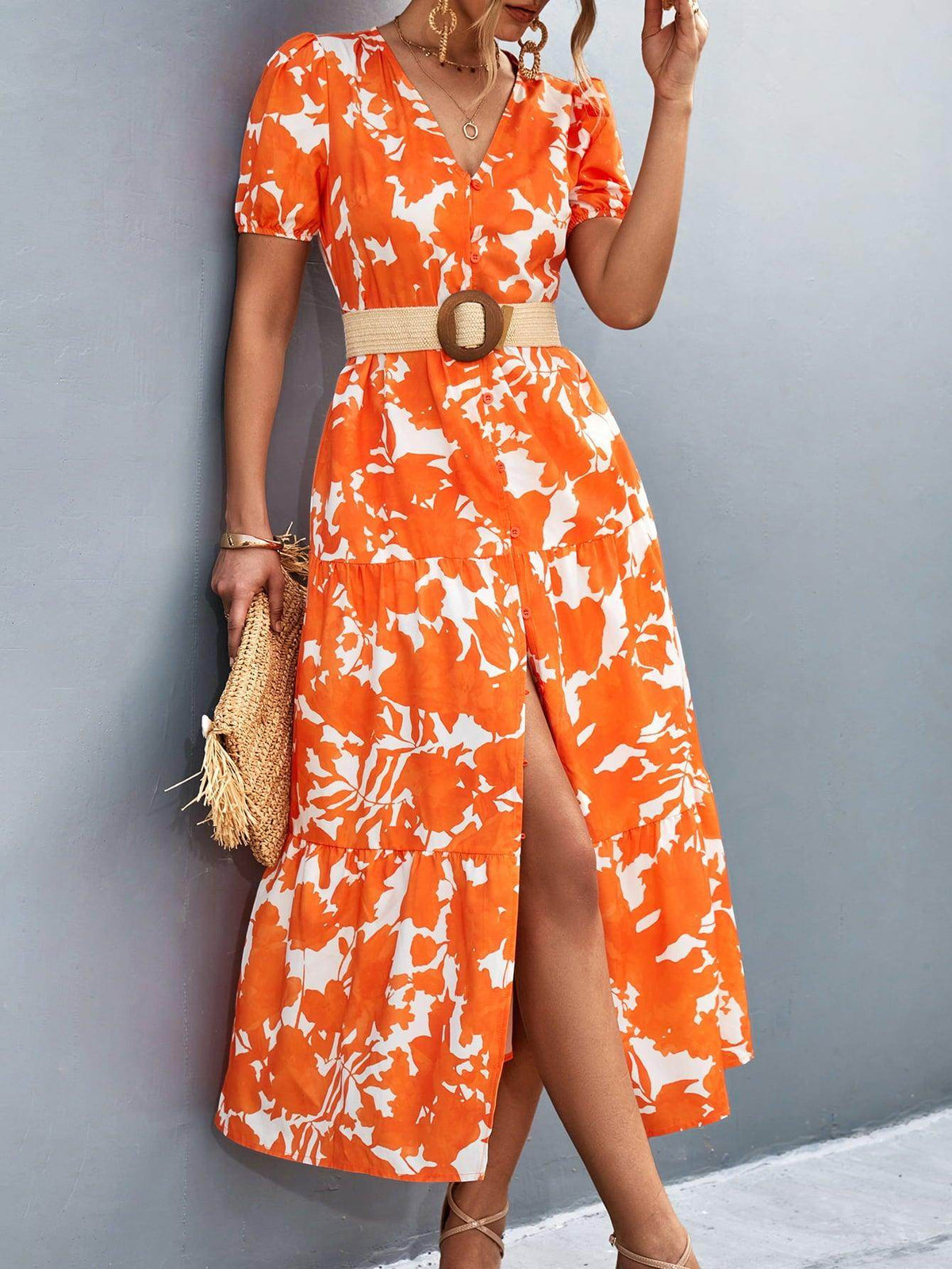 V-Neck Short Sleeve High Slit Midi Dress for Chic Style