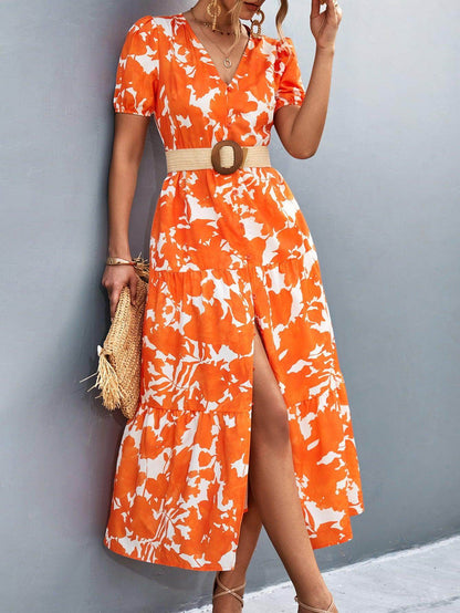 V-Neck Short Sleeve High Slit Midi Dress for Chic Style