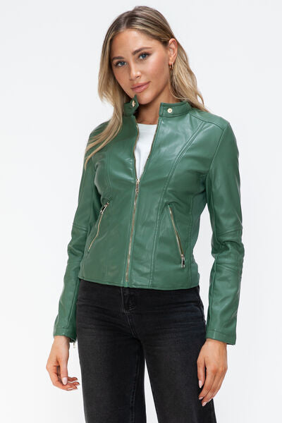Women Classic Snobbish Faux Leather Zip-Up Drawstring Hooded Jacket Edgy &amp; Casual PU Leather Jacket For Streetwear