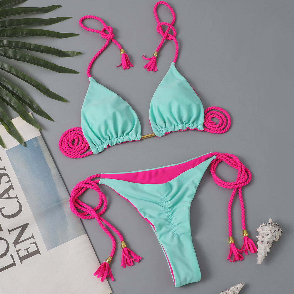 New Festival Flame Halter Bikini Set for Women – Triangle V-Neck Backless Two-Piece Swimsuit with Tie Side Bottoms &amp; Adjustable Lace-Up Fit – Sleek Polyamide Swimwear for Koningsdag/King’s Day &amp; Summer Beach Celebrations