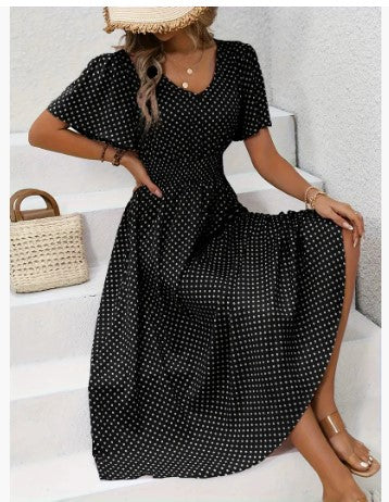 Summer Women Ruffled Short-sleeved Chiffon Dress V-neck High Waist Floral Print Beach Midi Dresses For Women