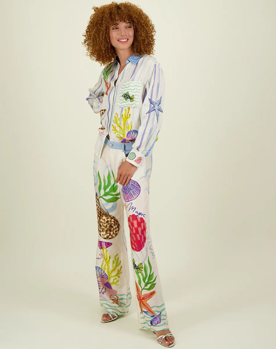 Satin Printed Graffiti Casual Shirt and Trousers Set