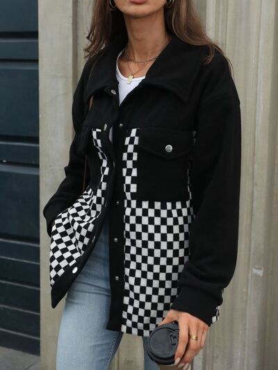 Black Checkered Snap Down Long Sleeve Jacket Stylish &amp; Functional Buttoned Outerwear