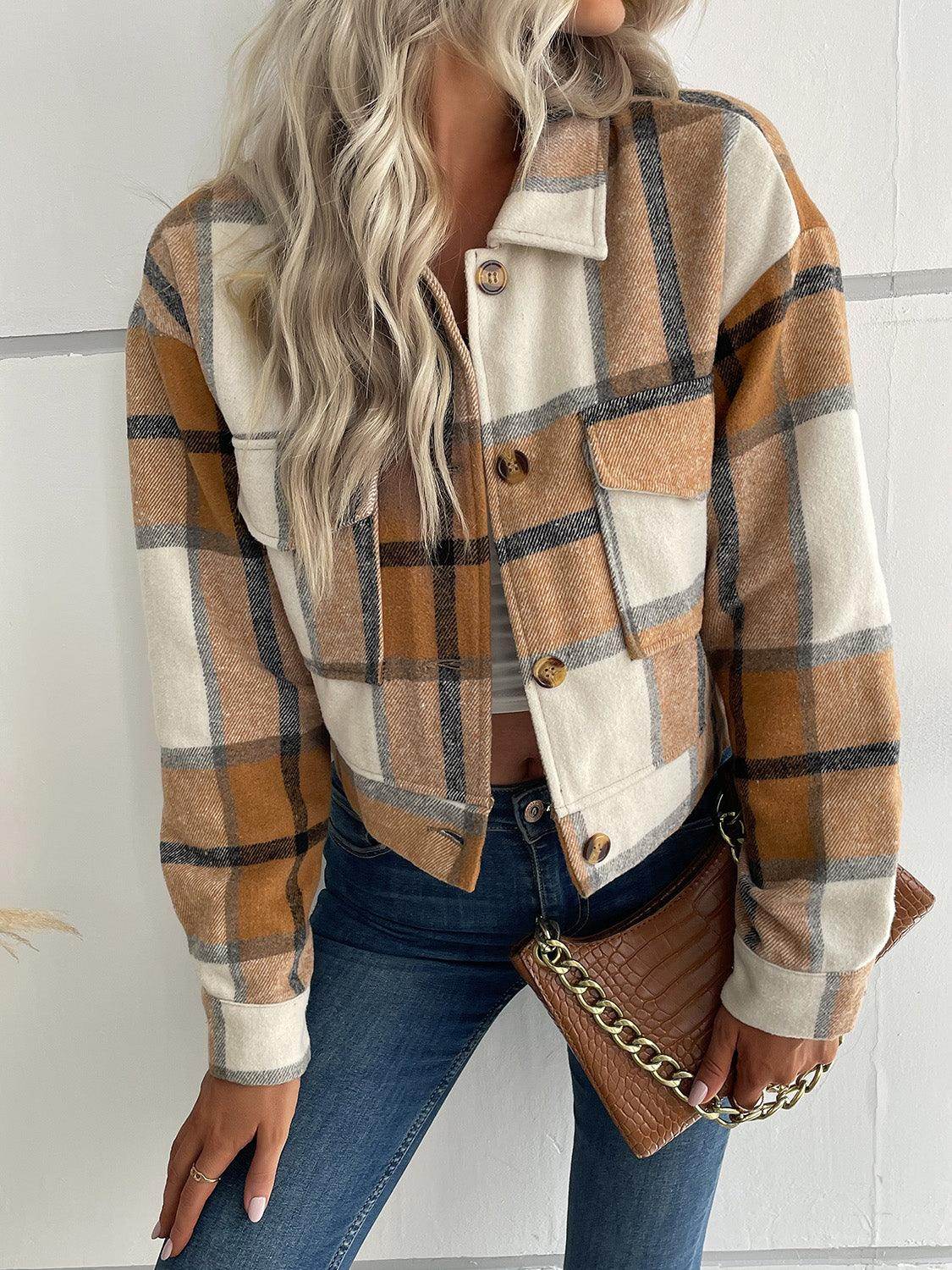 Perfee Plaid Button Up Drop Shoulder Cropped Jacket for Women